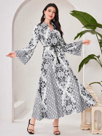 Full Printed Belted Flared Sleeves Arabic Dress