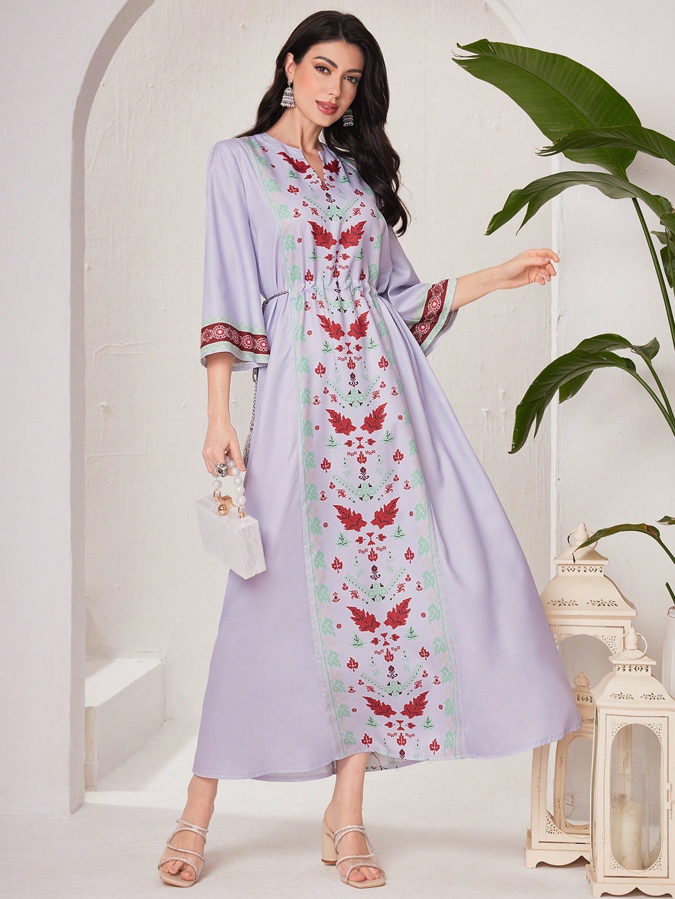 Women's Floral Print Trumpet Sleeve Belted Arabic Dress