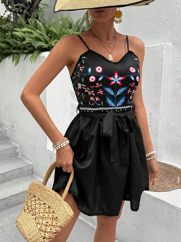 Women's Summer Holiday Floral Printed Spaghetti Strap Dress