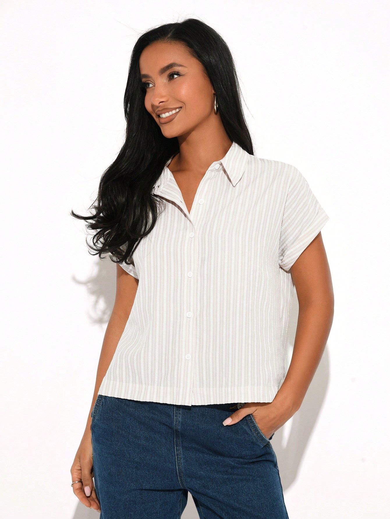 Women's Turn-Down Collar Short Sleeve Woven Striped Shirt With Front Button Placket