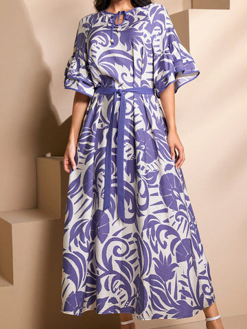 Women's Botanical Printed Dress With Ruffle Hem And Flare Sleeves