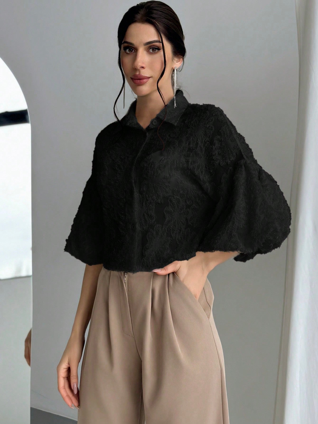 Women's Spring/Summer Jacquard Texture Button Front Shirt With Puff Sleeves