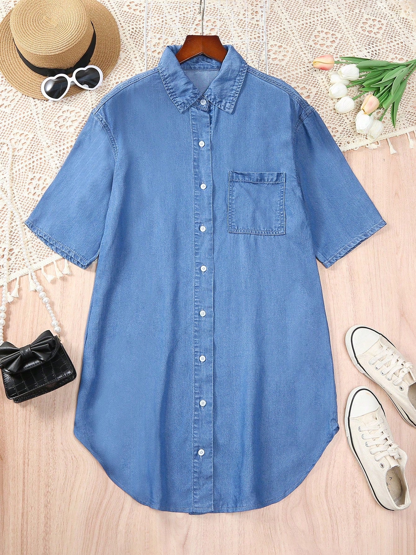 Teen Girl Basic Casual And Versatile Mid-Blue Washed Loose And Comfortable Denim Shirt Dress