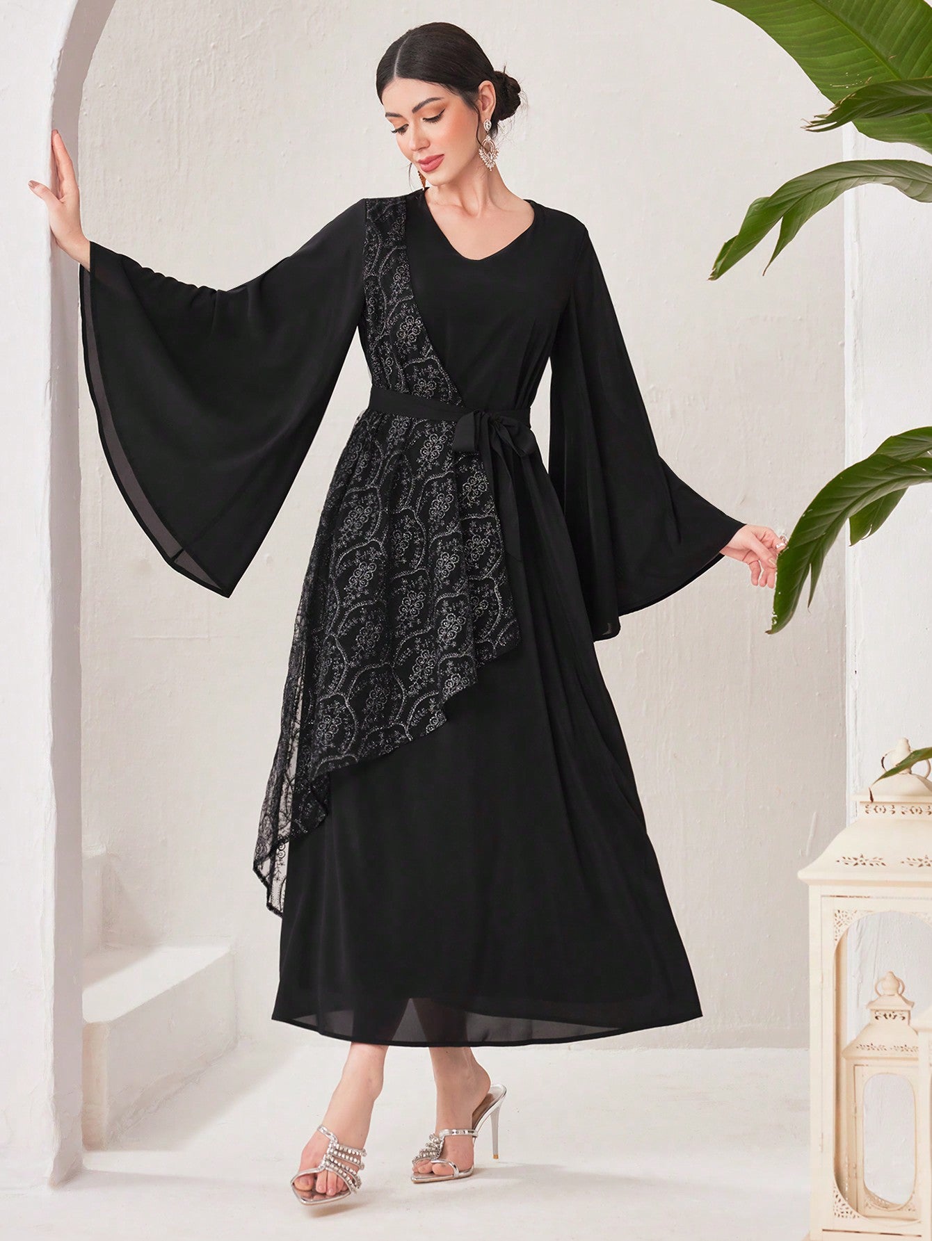 Women's Turkish-Style V-Neck Belted Loose Lace Splice Dress