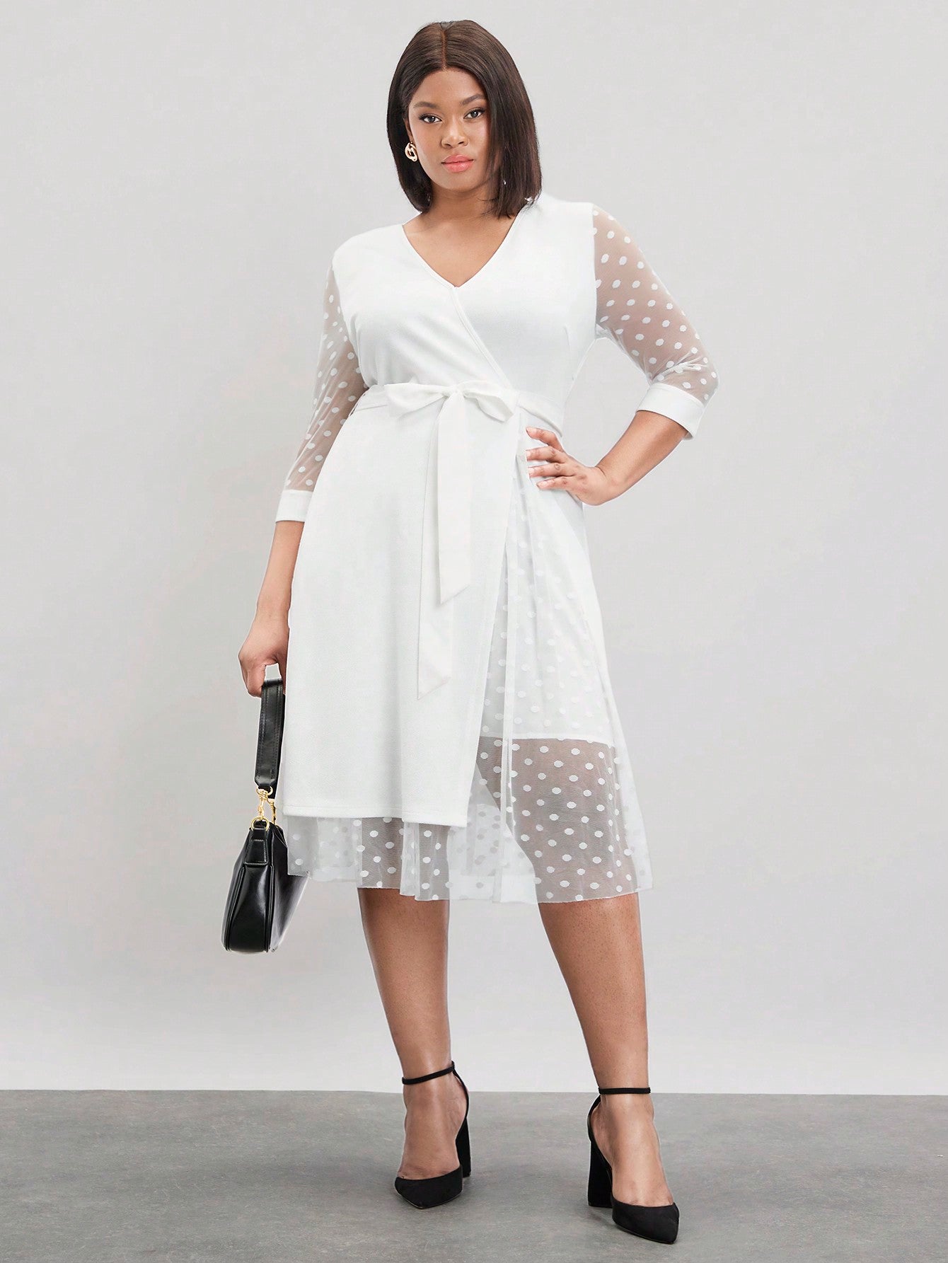 Plus Size Polka Dot Mesh Splicing Elegant Midi Dress