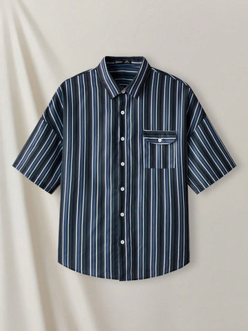 Striped Button-Front Short Sleeve Woven Casual Shirt