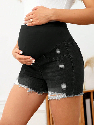 Maternity Fashionable High Waist Stretchy Denim Shorts With Distressed Design