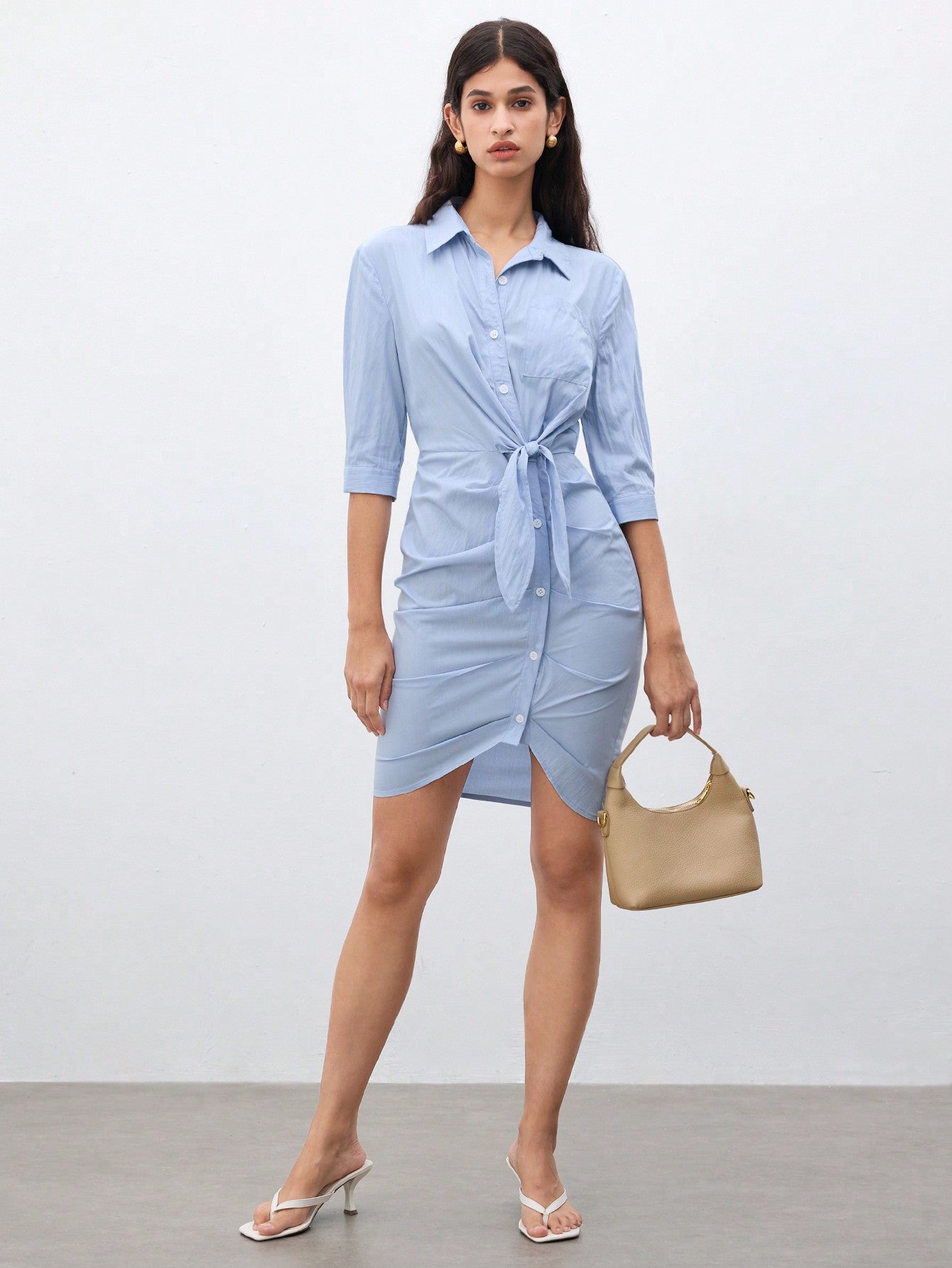 Ladies" Solid Color Shirt Collar Simple And Elegant Spring/Summer Work Dress