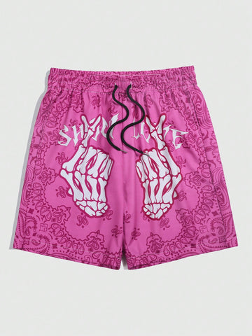 Men's Skull Hand & Letter & Paisley Printed Drawstring Waist Shorts For Summer