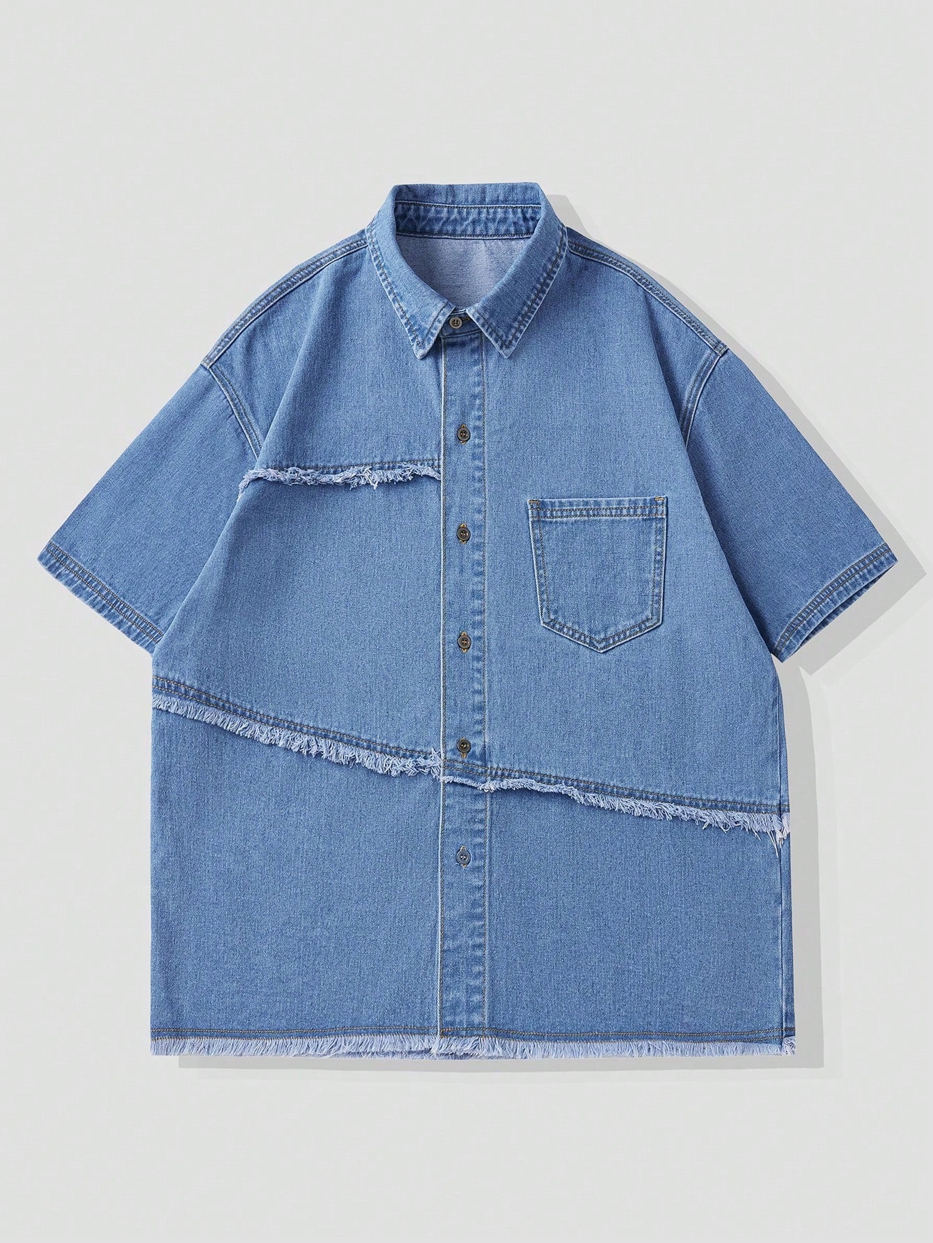 Men's Fashionable Frayed Design Short Sleeve Denim Shirt