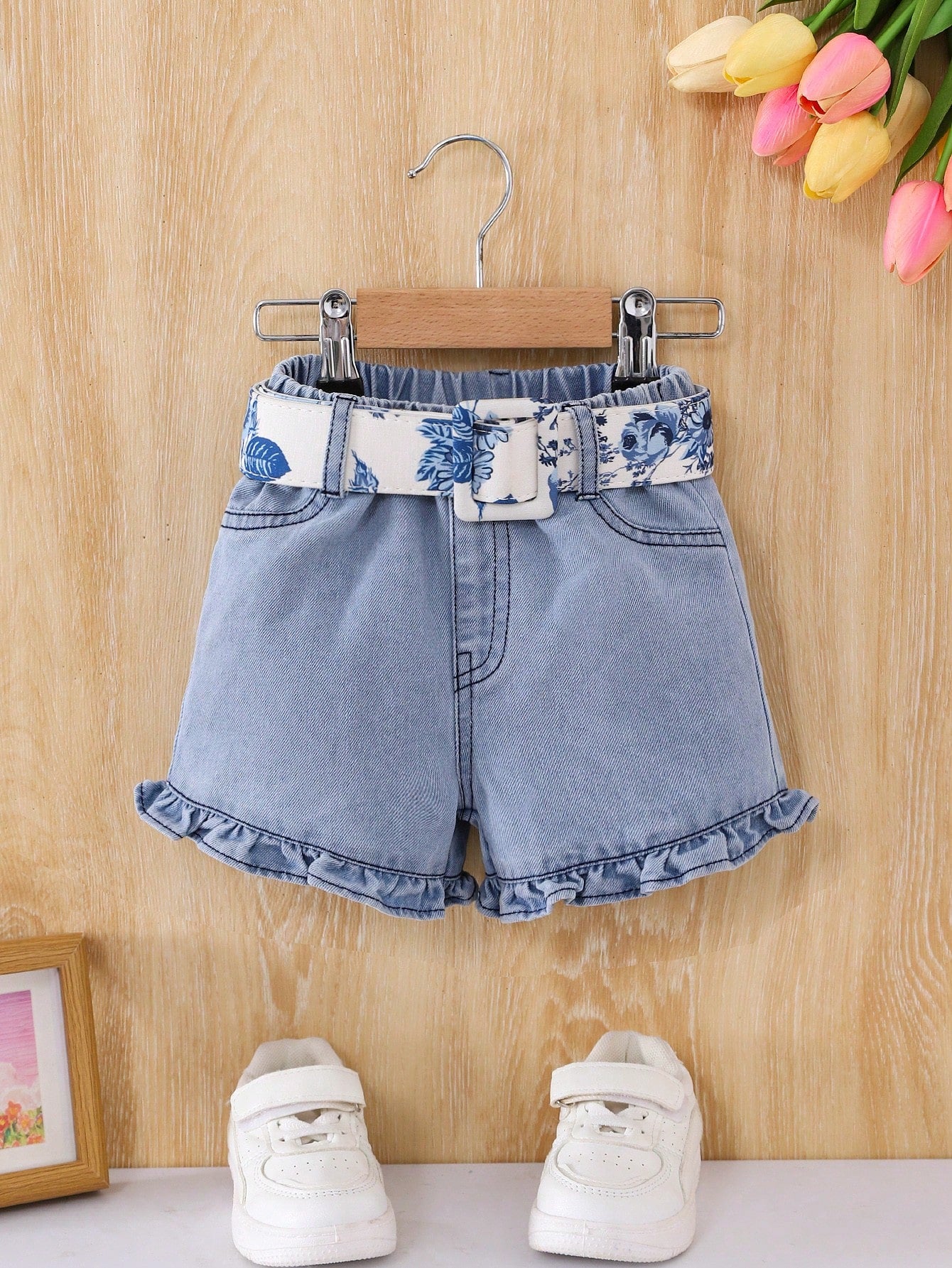 Baby Girl Light Washed Casual Denim Shorts With Ruffle Hem & Belt