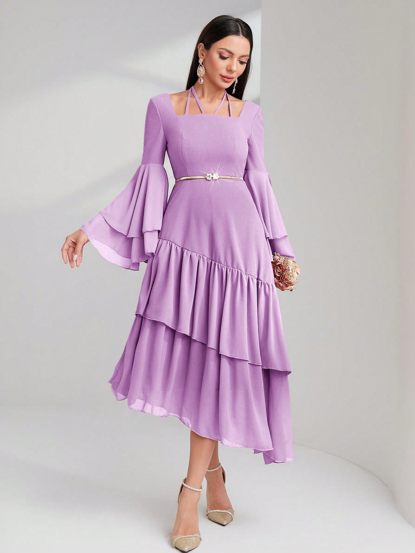 Ladies' Solid Color Flare Sleeve Ruffled Asymmetric Hem Dress