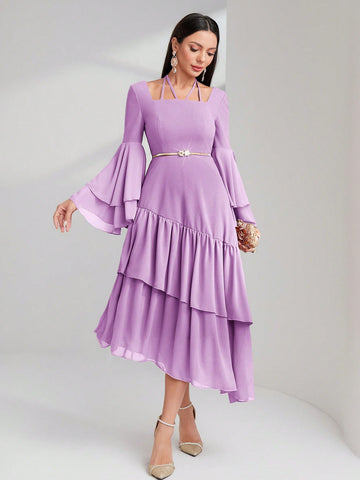 Ladies' Solid Color Flare Sleeve Ruffled Asymmetric Hem Dress