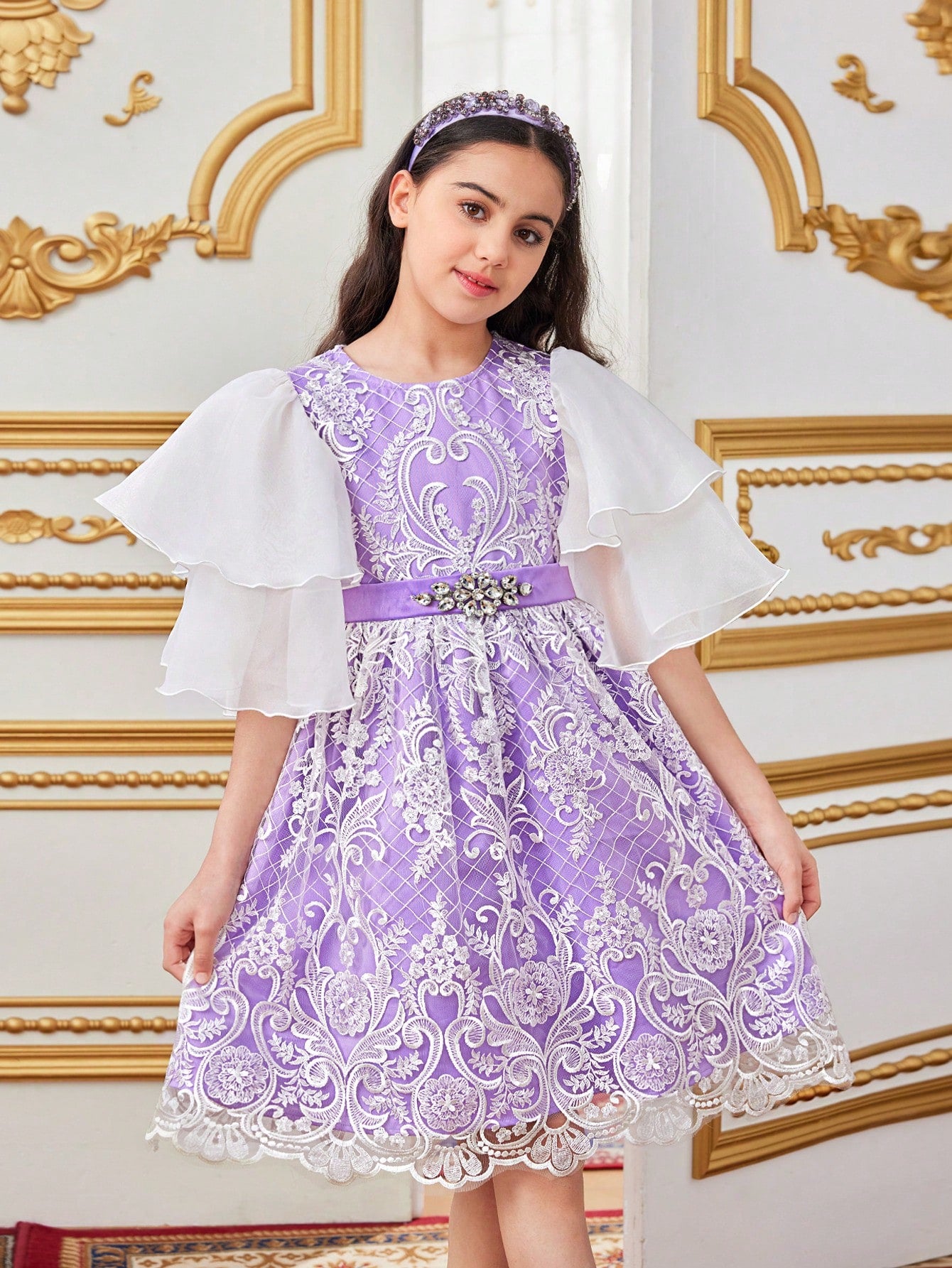 Tween Girls' Cute Double Layer Organza Ruffle Sleeve Round Neck Lace Patchwork Dress