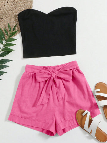 Plus Size Women's Summer Solid Color Bandeau Top And High Waist Knot Shorts Casual 2 Piece Set