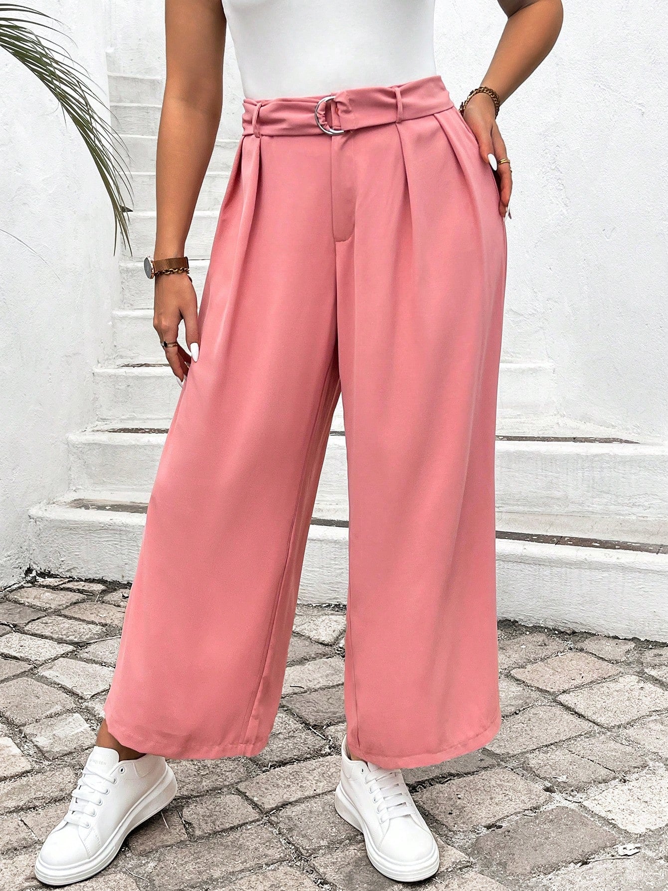 Plus Size Summer Solid Color Pleated Wide Leg Pants