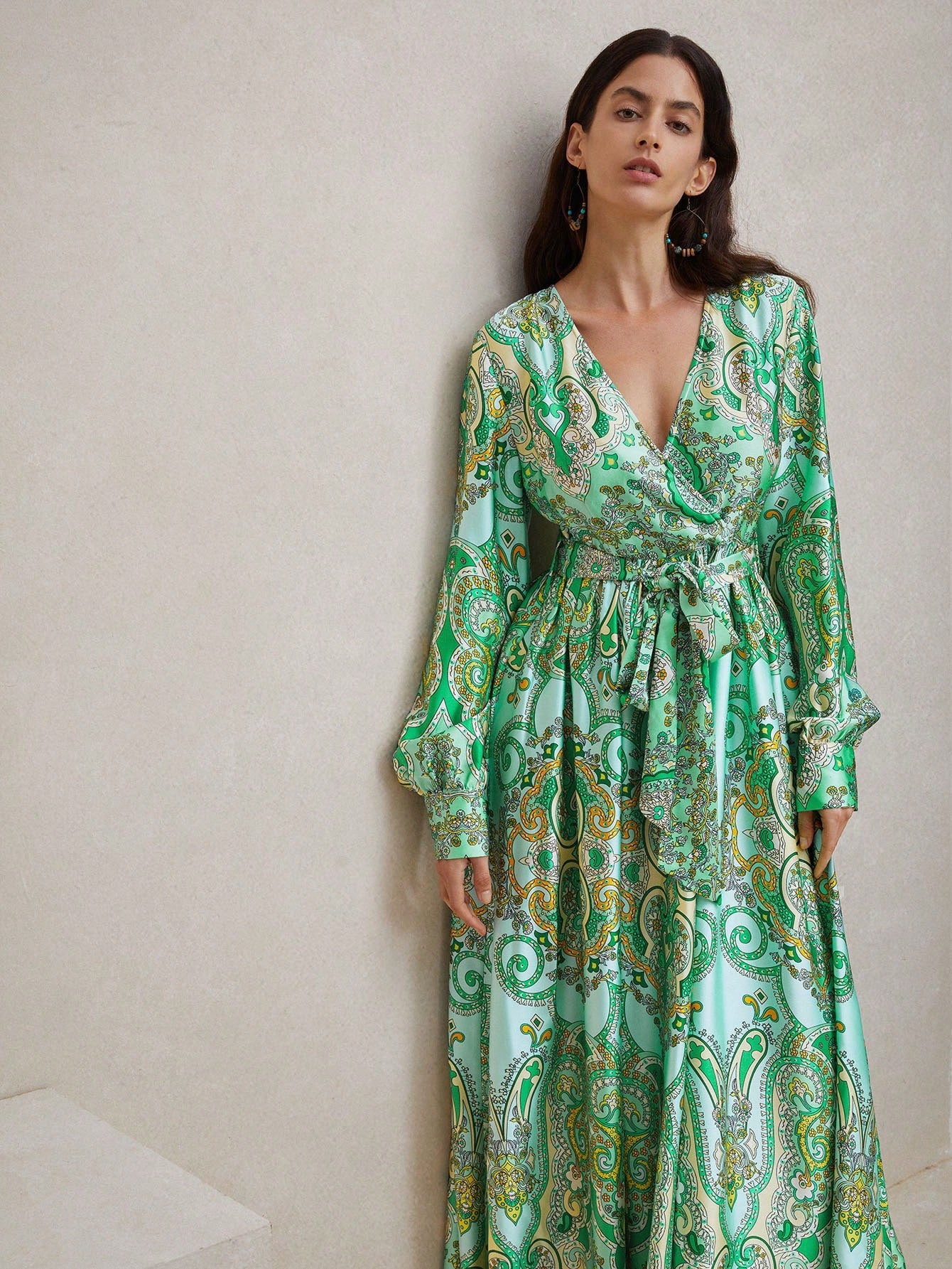 Green Vintage Palace Style Satin Floral Print Dress For Women