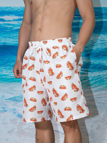 Men Full Printed Crab Pattern Drawstring Waist Slanted Pocket Beach Shorts