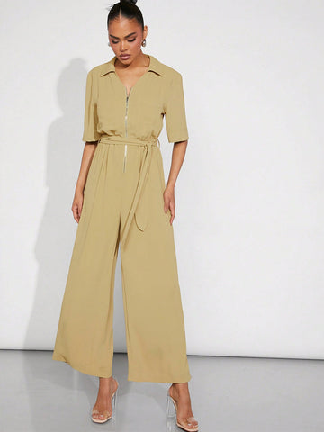 Zip Front Belted Wide Leg Jumpsuit