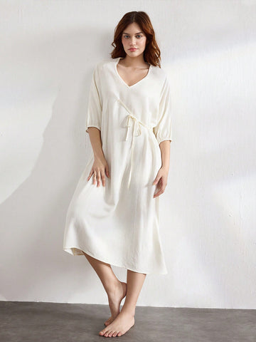 Summer Casual Simple V-Neck Loose Home Wear Dress With Tie Straps