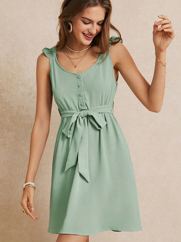 Summer Vacation Dress With Bow Ties At The Waist, Ruffled Sleeves And Exquisite Lace