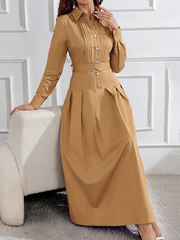 Women's Solid Color Fold Pleated Belted Arabic Style Dress With Buckle