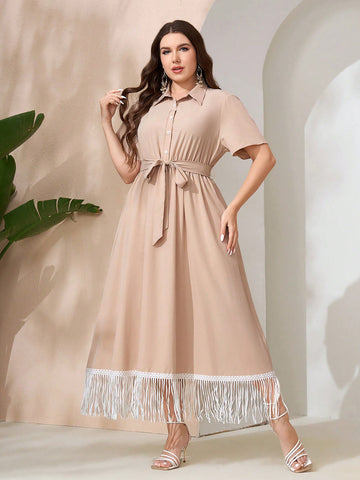 Women's Plus Size Solid Color Lace Up Dress With Tassel Detailing