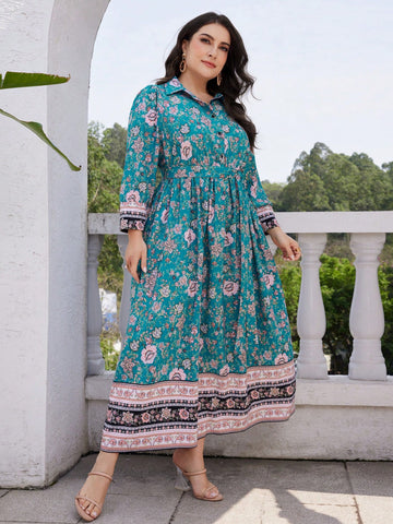 Plus Size Women's Arabic Clothing With Floral Print Long Sleeves