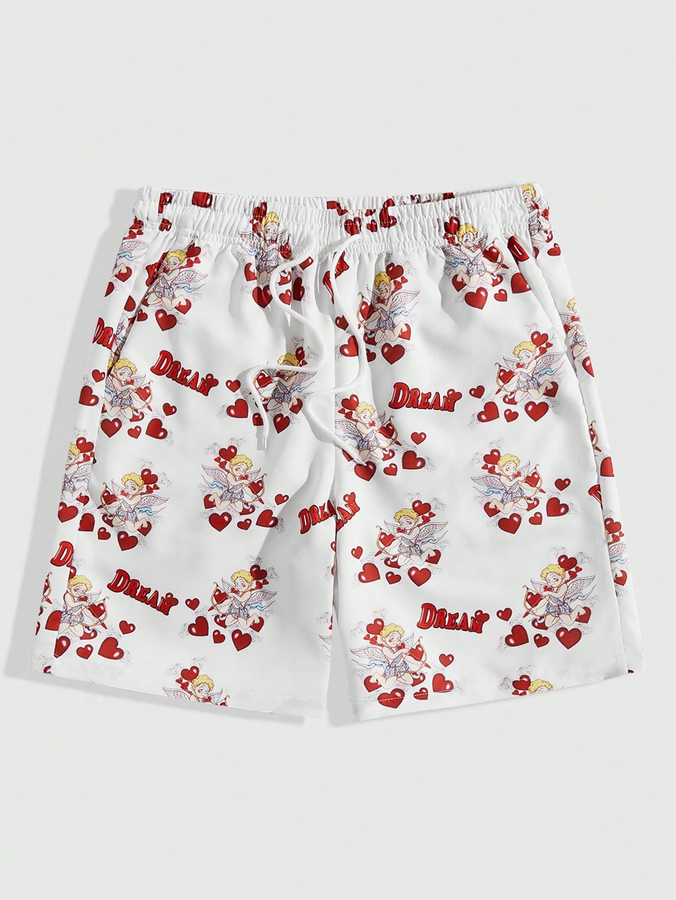 Men's Loose Fit Angel Heart Printed Drawstring Waist Casual Shorts, Suitable For Everyday Wear In Spring And Summer