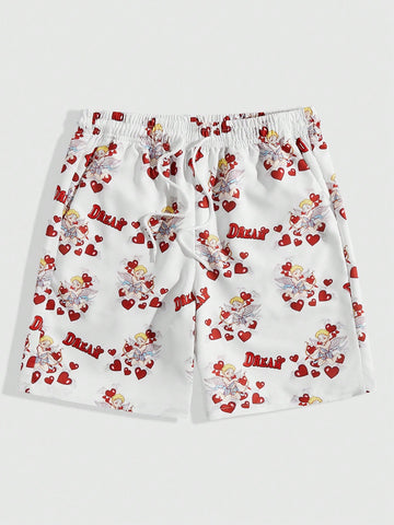 Men's Loose Fit Angel Heart Printed Drawstring Waist Casual Shorts, Suitable For Everyday Wear In Spring And Summer