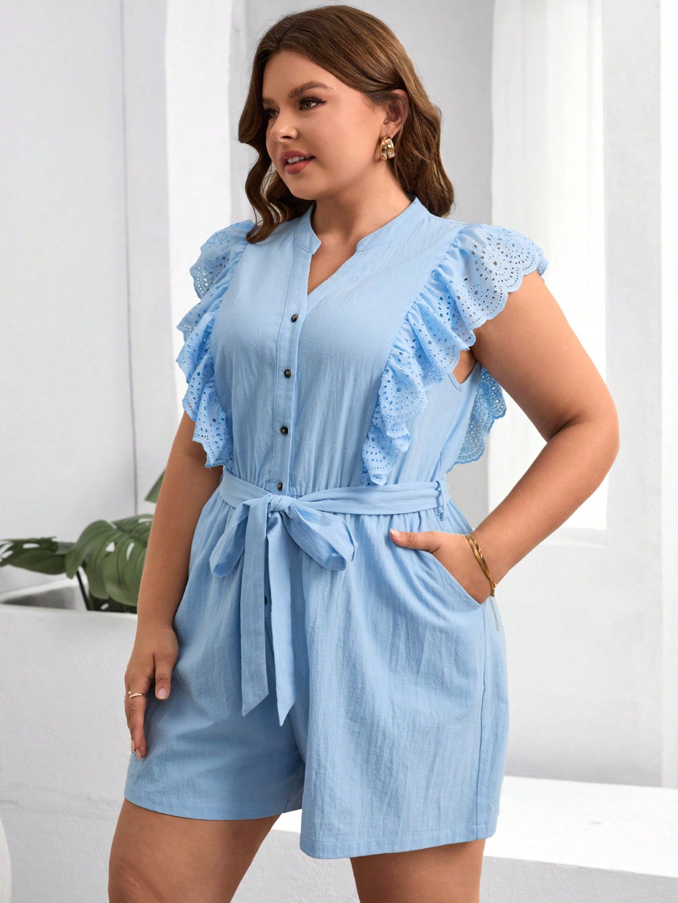 Plus Size Blue Off-Shoulder Decoration Jumpsuit For Summer Holiday