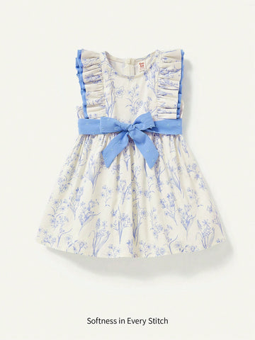 Baby Girl Floral Pattern Color-Contrast Ruffle Hem Round Neck Sleeveless Bowed Waist Dress