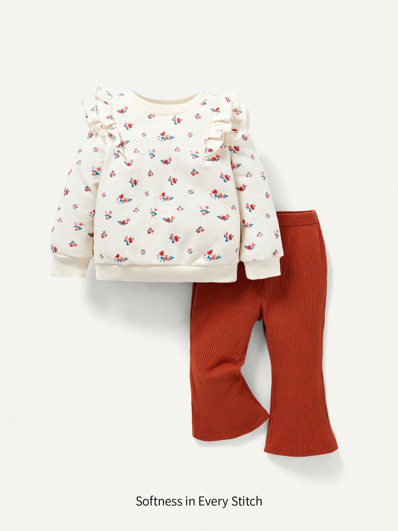 Baby Girl Ditsy Floral Print Ruffle Trim Pullover & Flare Leg Pants