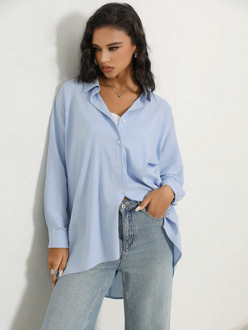 Boyfriend Style Comfy Loose-Fit Women Light Blue Commuter Shirt