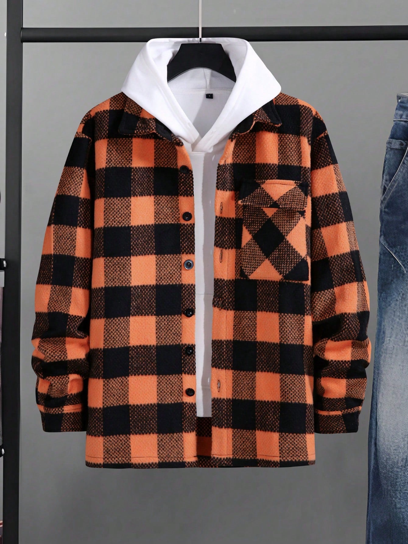 Men's Plaid Single-Breasted Button Long Sleeve Shirt Jacket