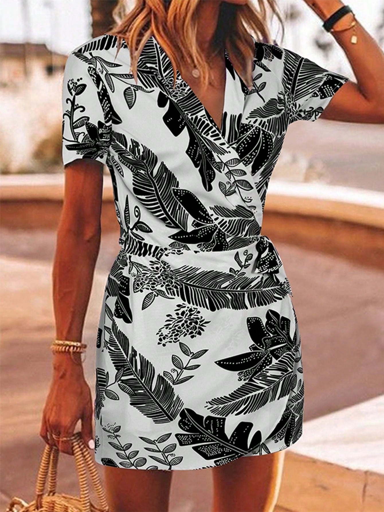 Women's Botanical Print Wrapped Dress With Shawl Collar And Waist Tie