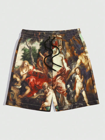 Men's Loose Oil Painting Printed Drawstring Waist Casual Shorts, Suitable For Daily Wear In Spring And Summer