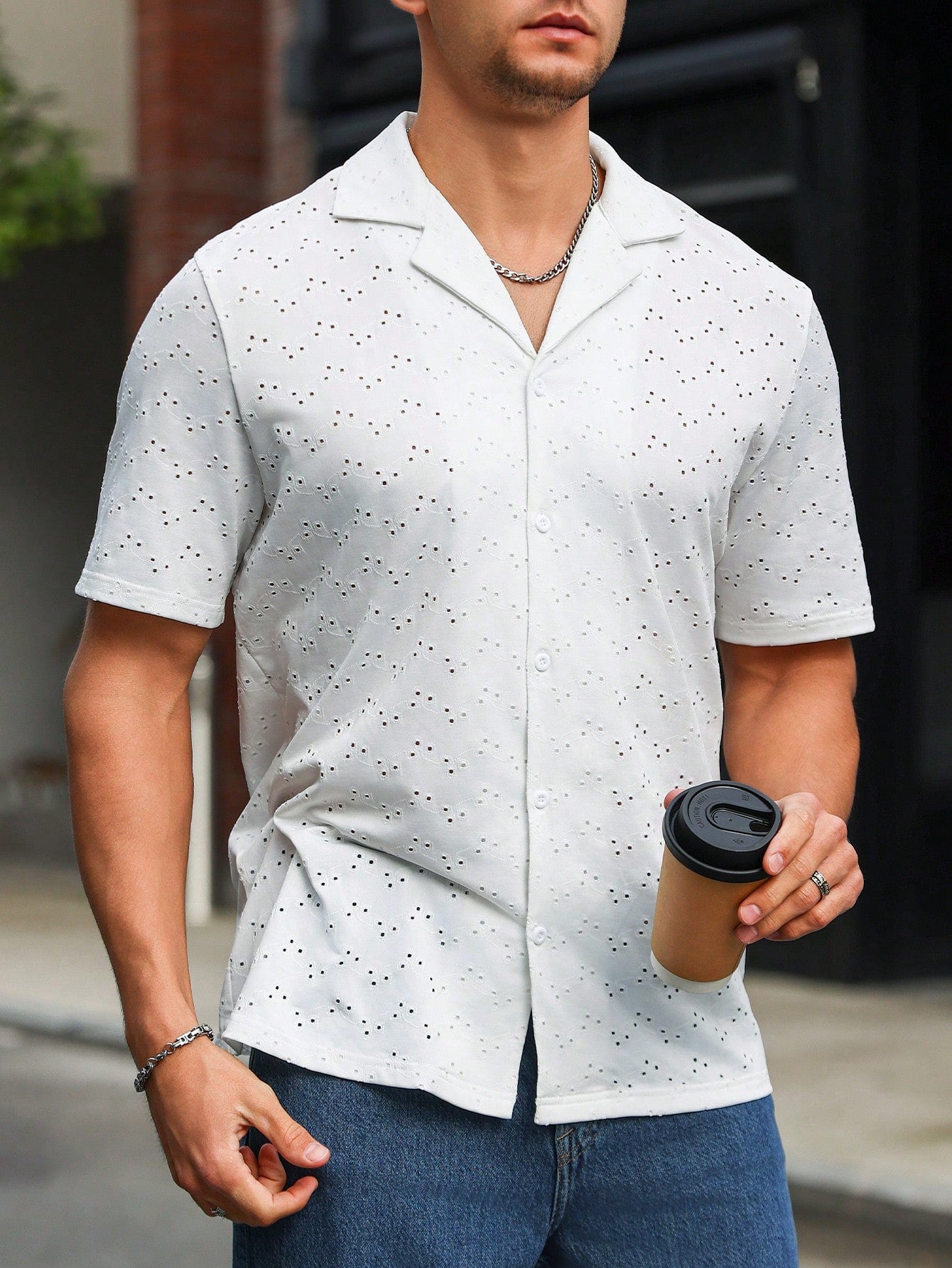 Men's Summer Casual Hollow Out Embroidered Shirt With Simple Design