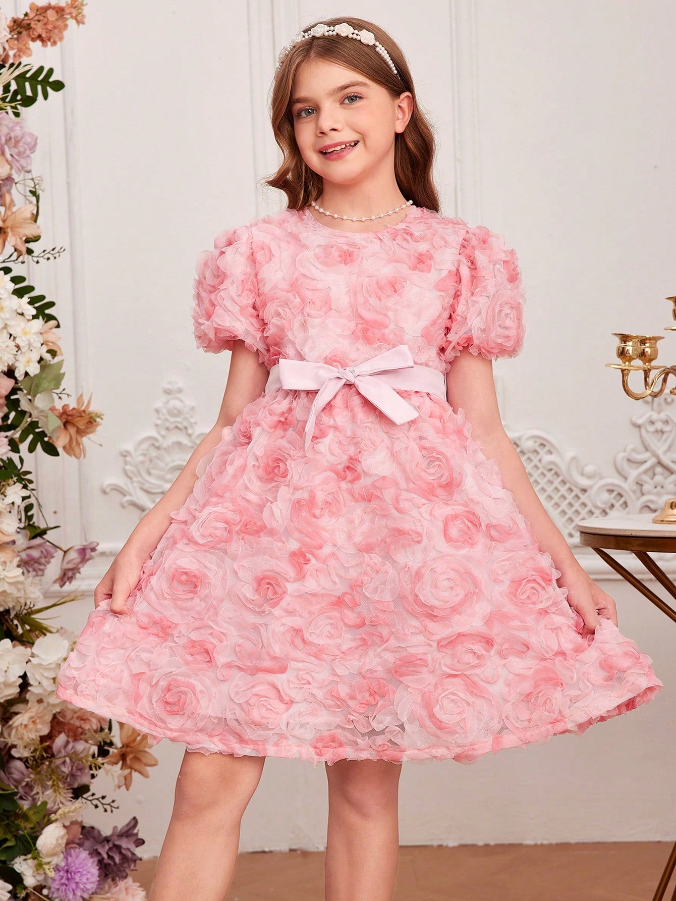 Tween Girl's Gorgeous & Bubble Sleeve Floral Embroidered Dress With Waist Belt, Spring/Summer