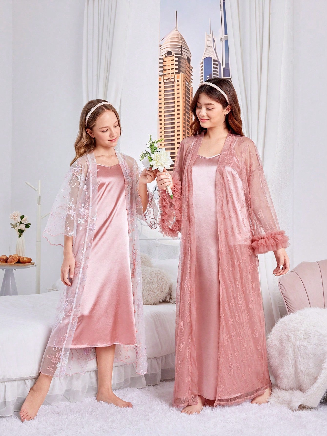 Teen Girl Elegant Lace Sleeve Hem Mesh Decoration Wedding Party Gorgeous Sleepwear Cami Dress Set, Sibling Outfits Matching Outfits (2 Sets Are Sold Separately)