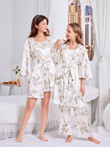 Teen Girl Floral Print Silk Robe & Strappy Dress Elegant Wedding Home Pajamas Set Two-Piece Sibling Outfits Matching Outfits (2 Sets Are Sold Separately)