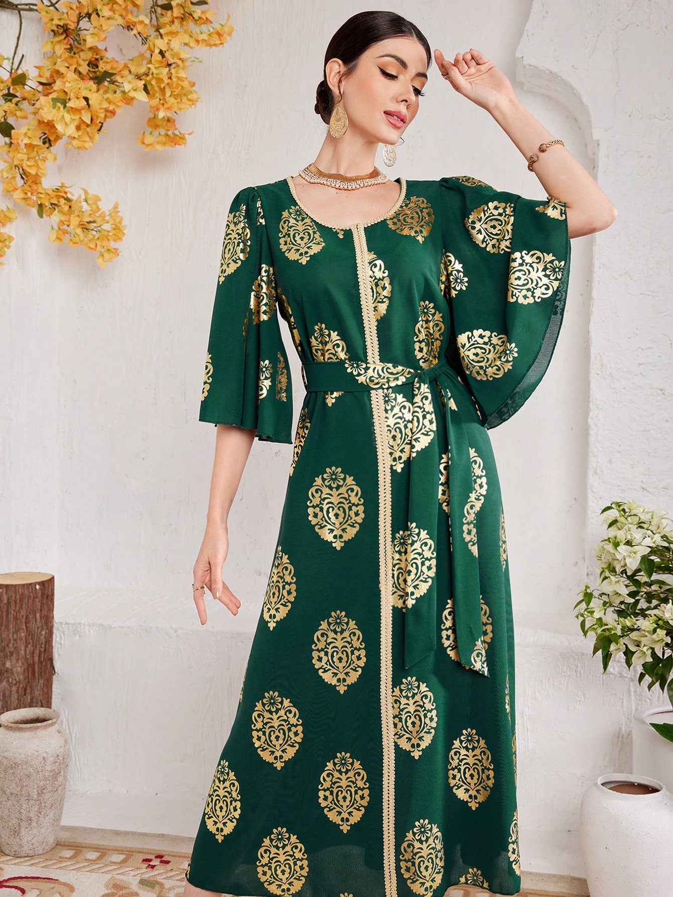 Women Long Arabic Style Dress With Round Neck, Ruffled Sleeves And Gold-Stamped Floral Print