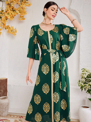 Women Long Arabic Style Dress With Round Neck, Ruffled Sleeves And Gold-Stamped Floral Print