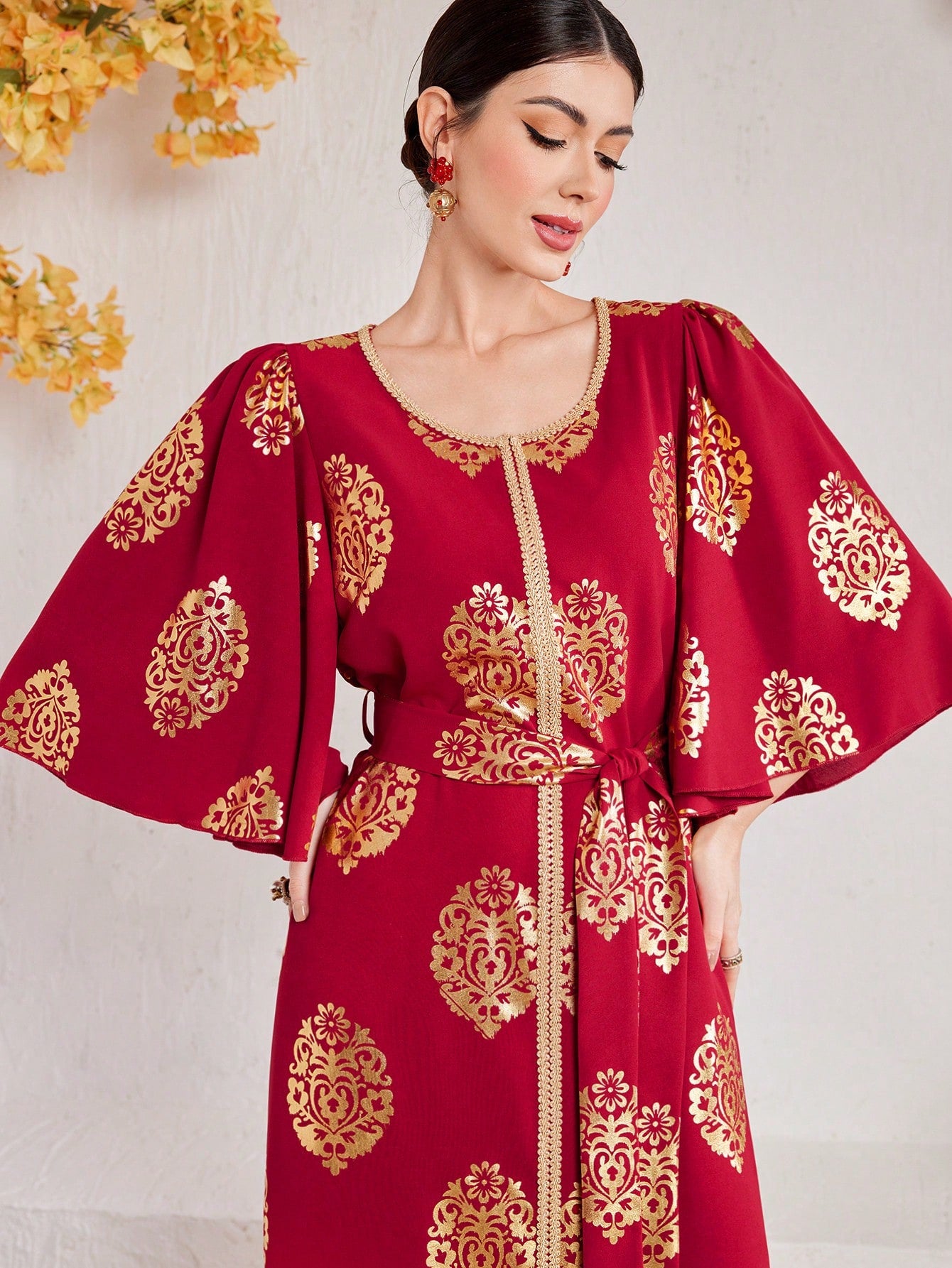 Ladies" Arabic Short Sleeve Dress With Gold-Printed Floral, Lotus Leaf And Woven Belt Patchwork