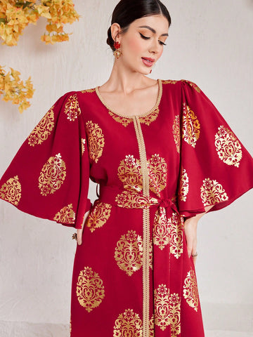 Ladies" Arabic Short Sleeve Dress With Gold-Printed Floral, Lotus Leaf And Woven Belt Patchwork