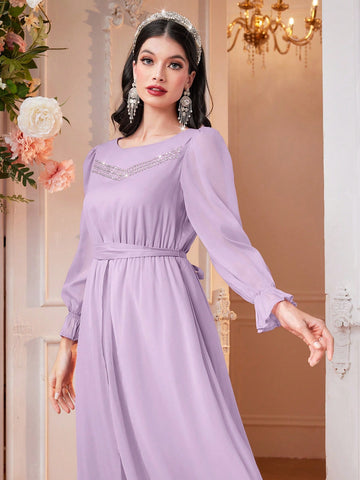 Women's Arab Style Dress With Rhinestone Decoration, Flounced Sleeves, And Waist Belt