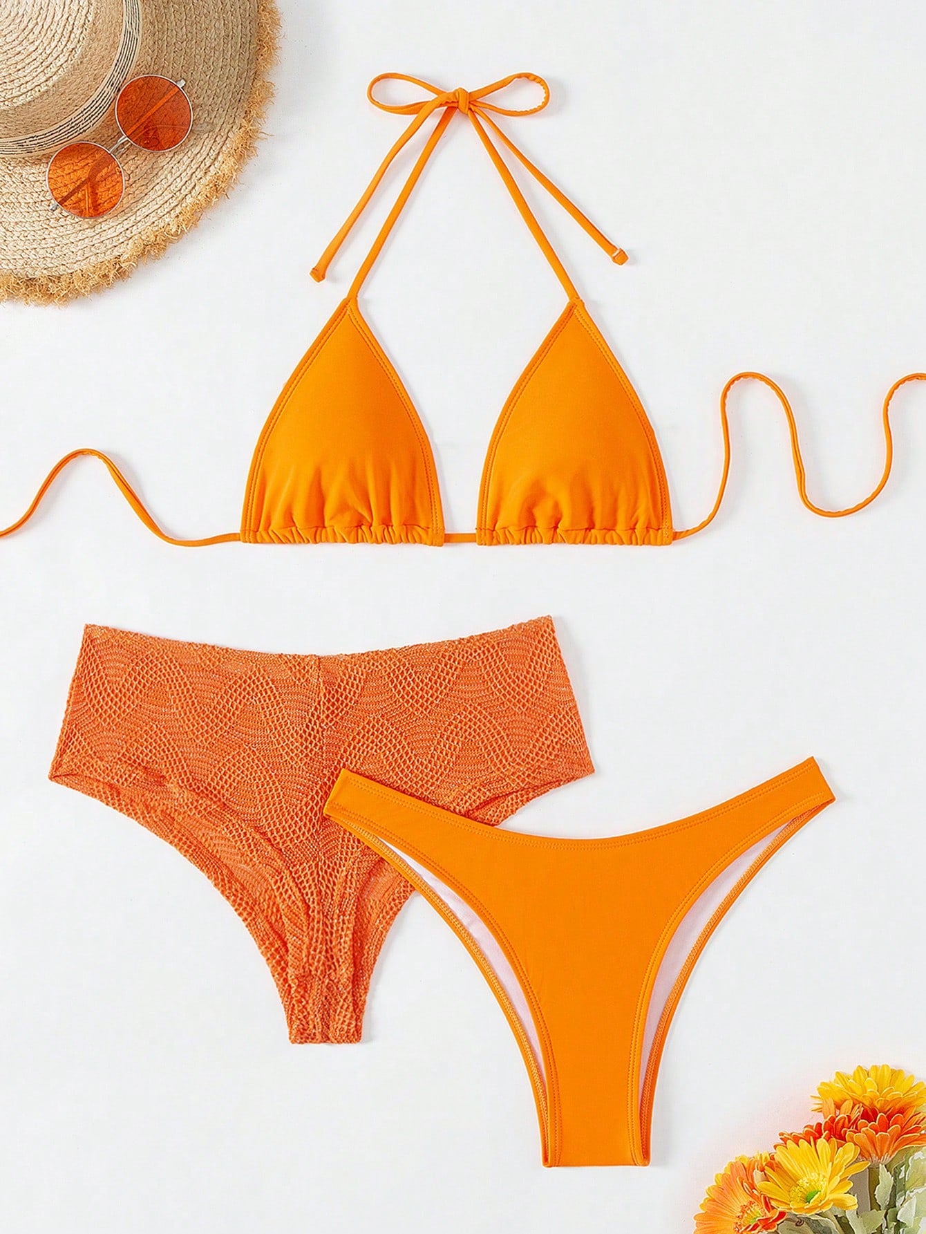 Women's Summer Beach Solid Halter Neck Bikini Set Bathing Suit, 3pcs/Swimwear Set