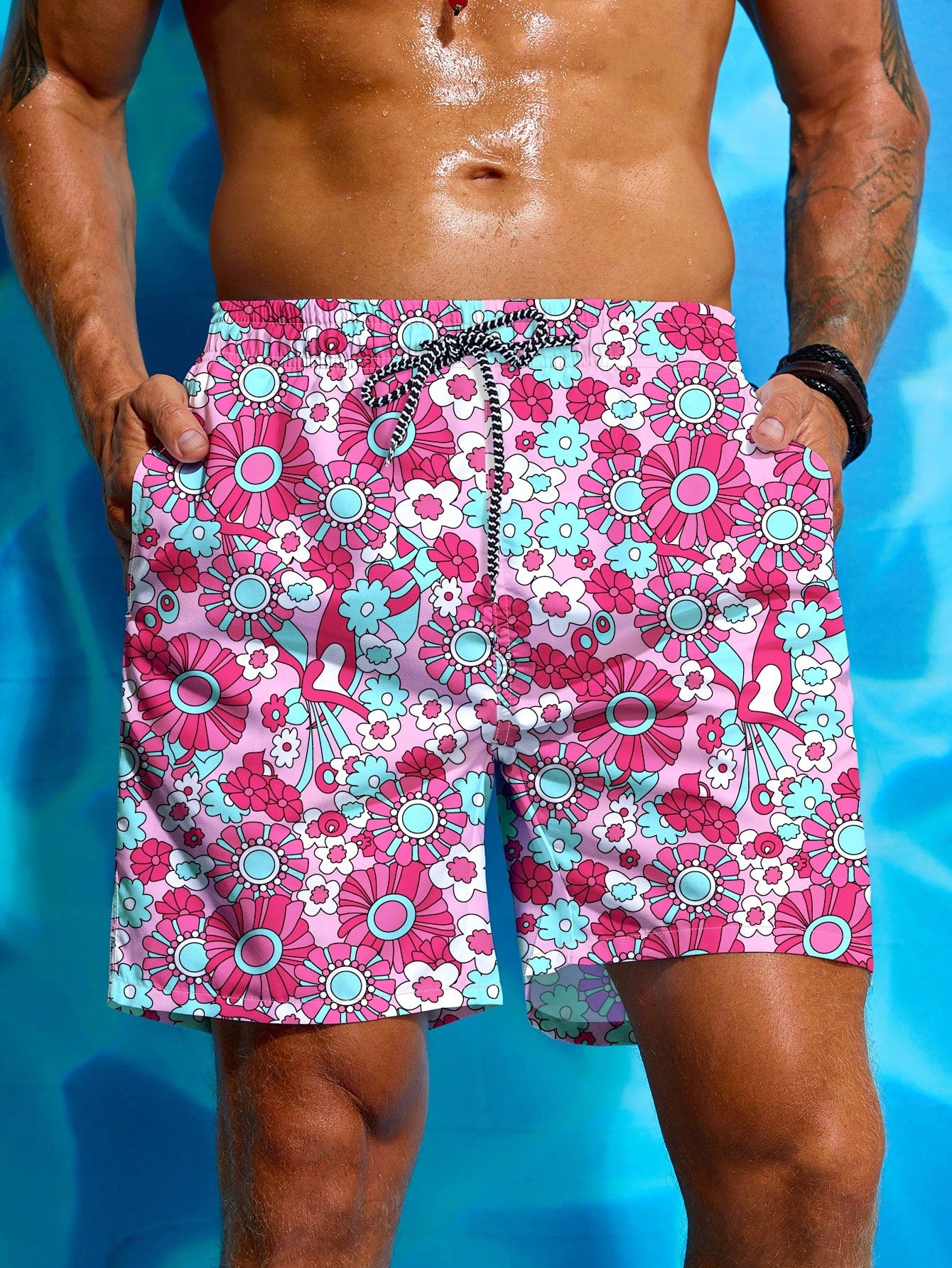 Men's Floral Printed Drawstring Waist Beach Shorts