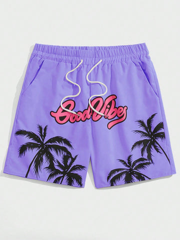 Men Palm Tree Print Drawstring Shorts For Summer