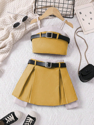 Back-To-School Season Set, Summer-To-Fall, For Girls: Small Yellow -Inspired Set, Including Ruffle Strap Top, Pleated Skirt, And 2 Decorative Belts. Fashionable And Playful For Children Day In Mexico.